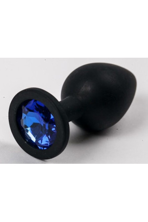 Черная силиконовая анальная пробка с синим кристаллом - 9,5 см.